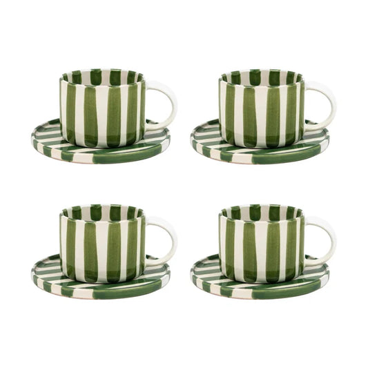 Olsson & Jensen Monica Cup & Saucer Set – Green – 4 Cups & 4 Saucers – Hand-Painted Stoneware