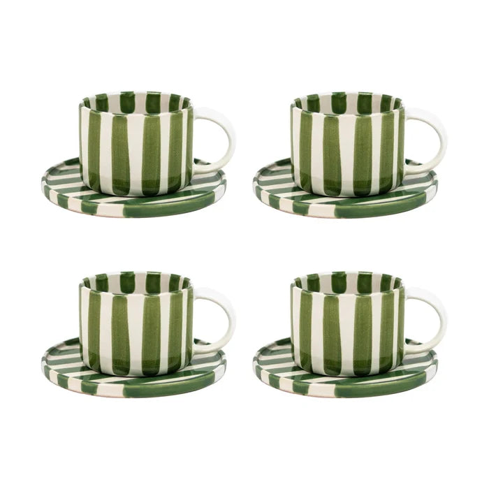 Olsson & Jensen Monica Cup & Saucer Set – Green – 4 Cups & 4 Saucers – Hand-Painted Stoneware