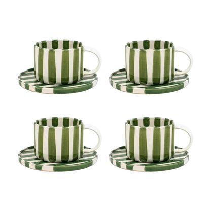 Olsson & Jensen Monica Cup & Saucer Set – Green – 4 Cups & 4 Saucers – Hand-Painted Stoneware