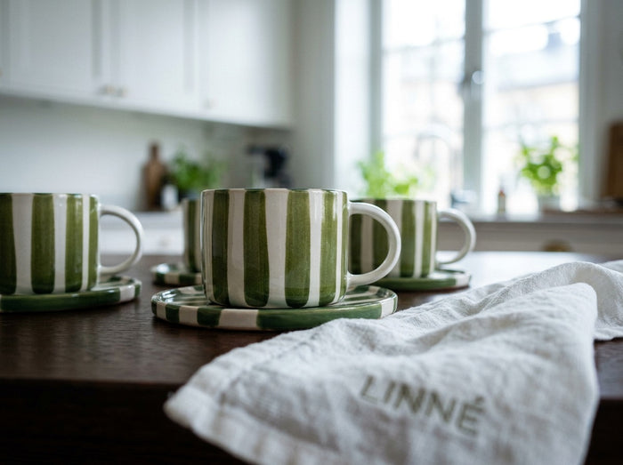 Olsson & Jensen Monica Cup & Saucer Set – Green – 4 Cups & 4 Saucers – Hand-Painted Stoneware