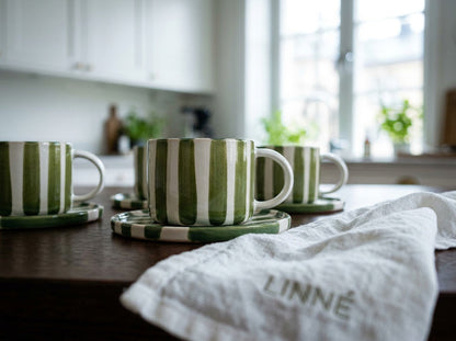 Olsson & Jensen Monica Cup & Saucer Set – Green – 4 Cups & 4 Saucers – Hand-Painted Stoneware