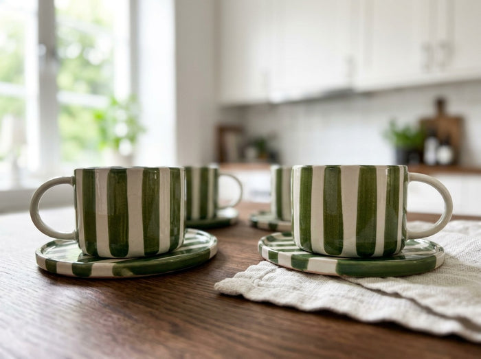 Olsson & Jensen Monica Cup & Saucer Set – Green – 4 Cups & 4 Saucers – Hand-Painted Stoneware