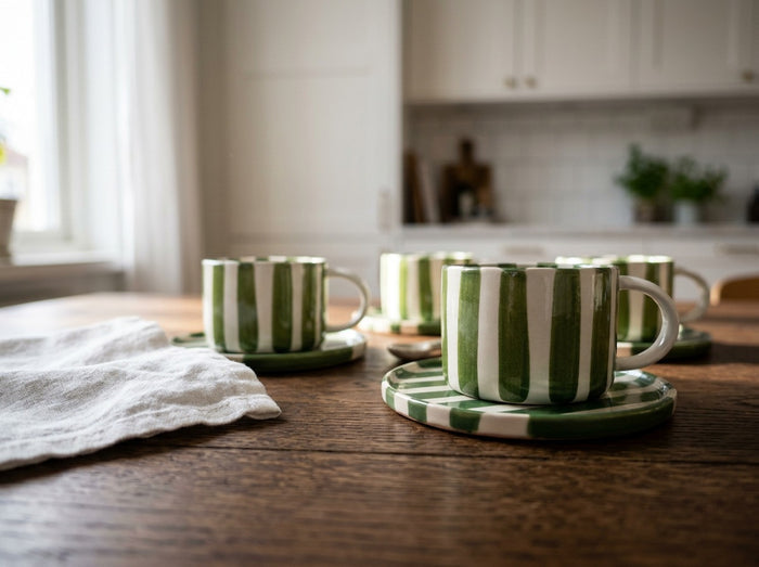 Olsson & Jensen Monica Cup & Saucer Set – Green – 4 Cups & 4 Saucers – Hand-Painted Stoneware