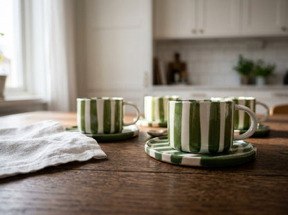 Olsson & Jensen Monica Cup & Saucer Set – Green – 4 Cups & 4 Saucers – Hand-Painted Stoneware