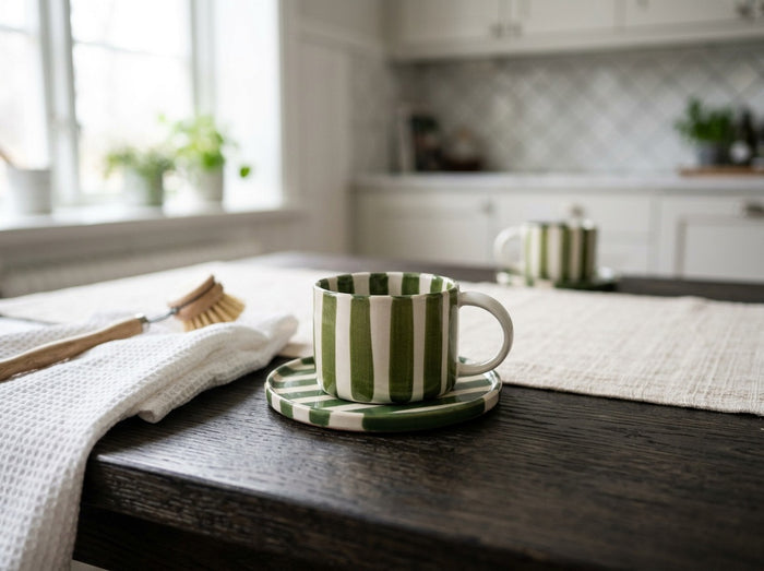 Olsson & Jensen Monica Cup & Saucer Set – Green – 4 Cups & 4 Saucers – Hand-Painted Stoneware
