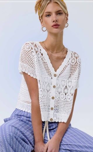 Open Knit Scallop Edge Button Down Cardigan