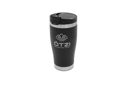 Black stainless steel travel tumbler with Ötzi Adventure Gear logo and a flip-top lid.