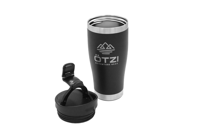 Black stainless steel travel tumbler with Ötzi logo, shown with a detachable lid