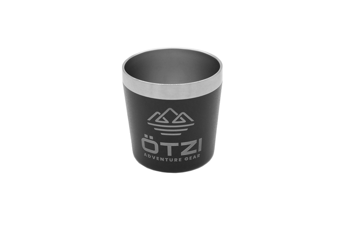 Black stainless steel camping cup with Ötzi Adventure Gear logo.