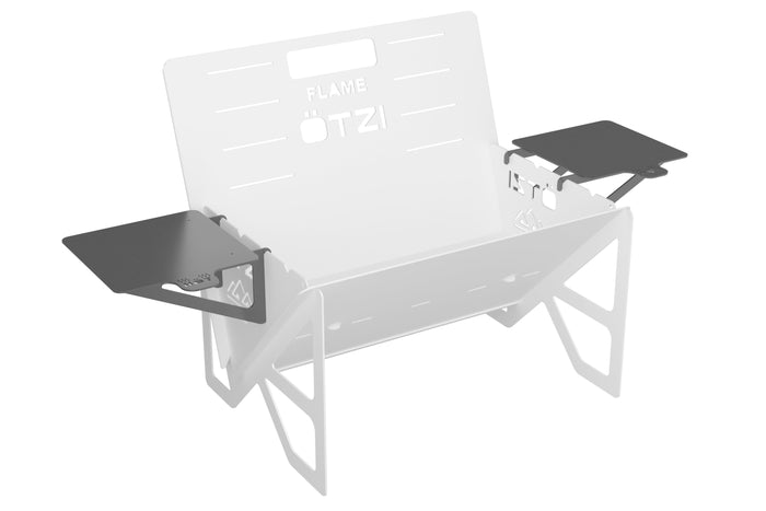 White metal fire pit with black fold-out side trays and cutout branding on the back panel
