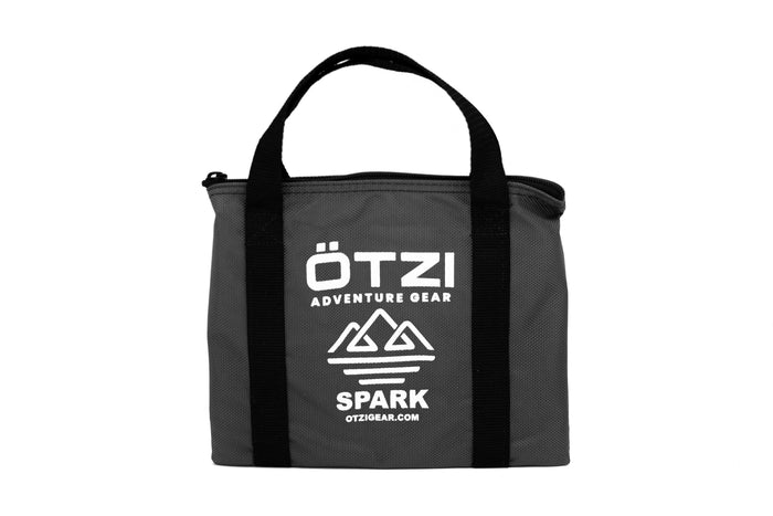 Gray Otzi Spark insulated tote bag with black handles and printed logo on front