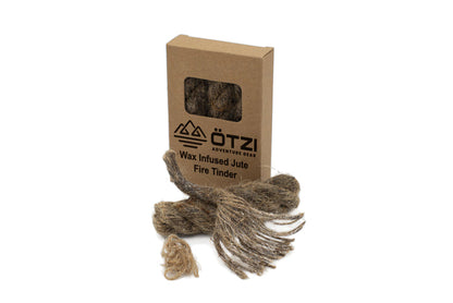 Wax infused jute fire tinder with packaging and loose fibers displayed