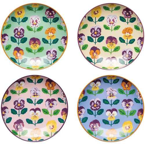 Four floral-patterned plates in different colors on a white background