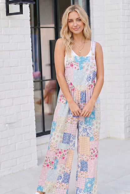 Pastel Patchwork Floral Wide Leg Overalls