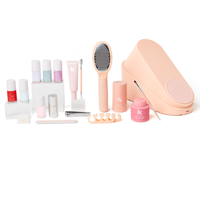 Pedi System - 6 Polishes with nail polishes, foot file, toe separators, nail clipper, remover, and manicure tools for pedicure care