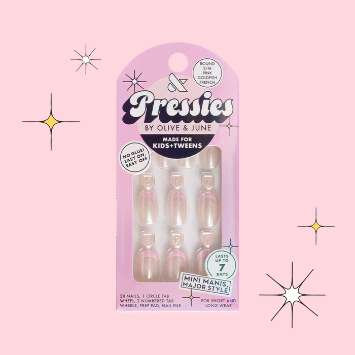 Pink Goldfish French - Pressies | Short Medium | Round showing iridescent pink goldfish tip press on nails in packaging on pink background