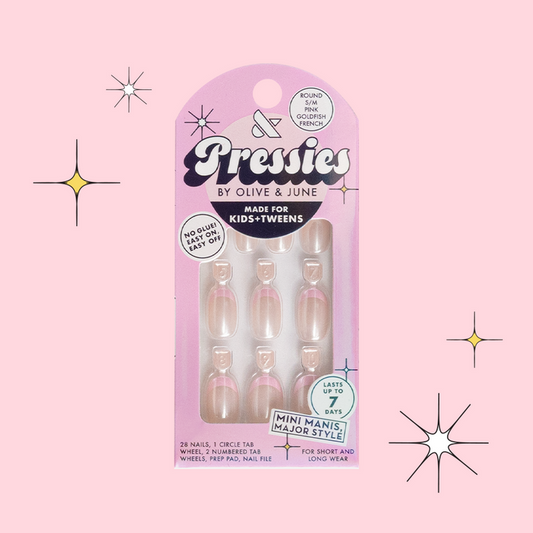 Pink Goldfish French - Pressies | Short Medium | Round showing iridescent pink goldfish tip press on nails in packaging on pink background