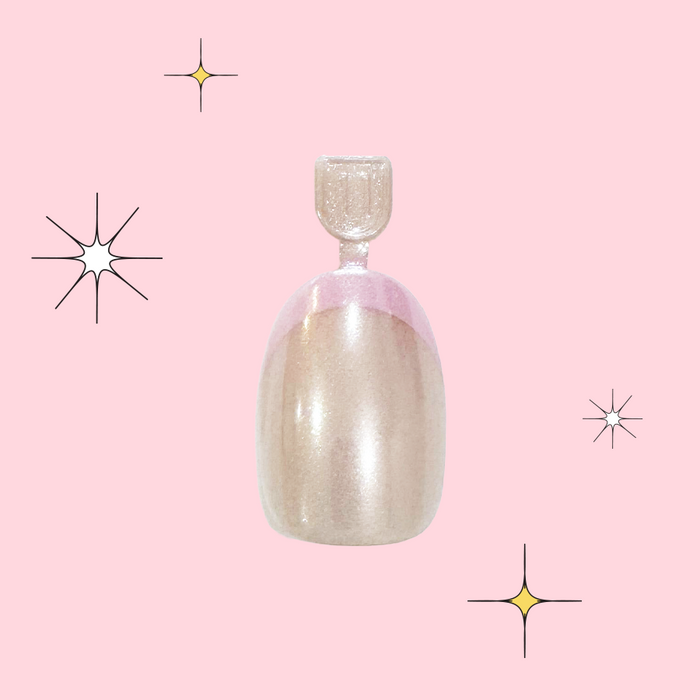 Pink Goldfish French - Pressies | Short Medium | Round showing iridescent neutral press on nail with pink tip on pink background