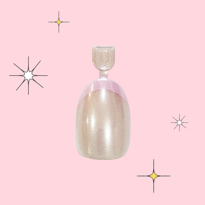 Pink Goldfish French - Pressies | Short Medium | Round showing iridescent neutral press on nail with pink tip on pink background
