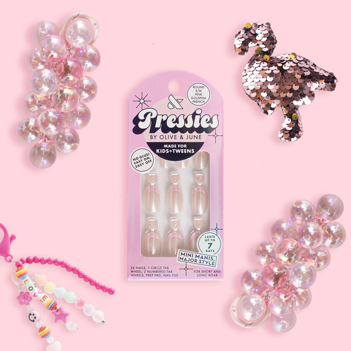 Pink Goldfish French - Pressies | Short Medium | Round showing iridescent pink goldfish tip press on nails in packaging on light pink background