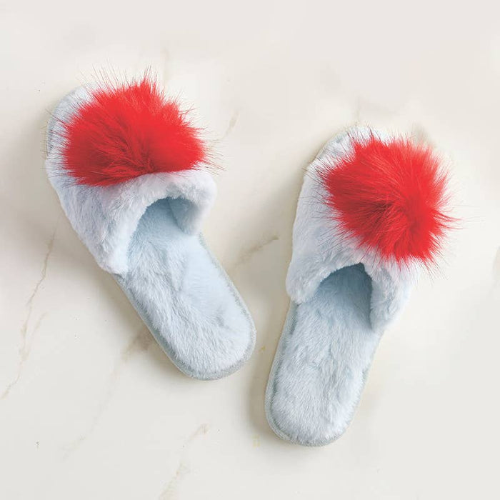Plush Slippers - Light Blue + Red Pom Pom