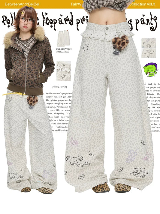 Polk lace leopard print wide leg pants