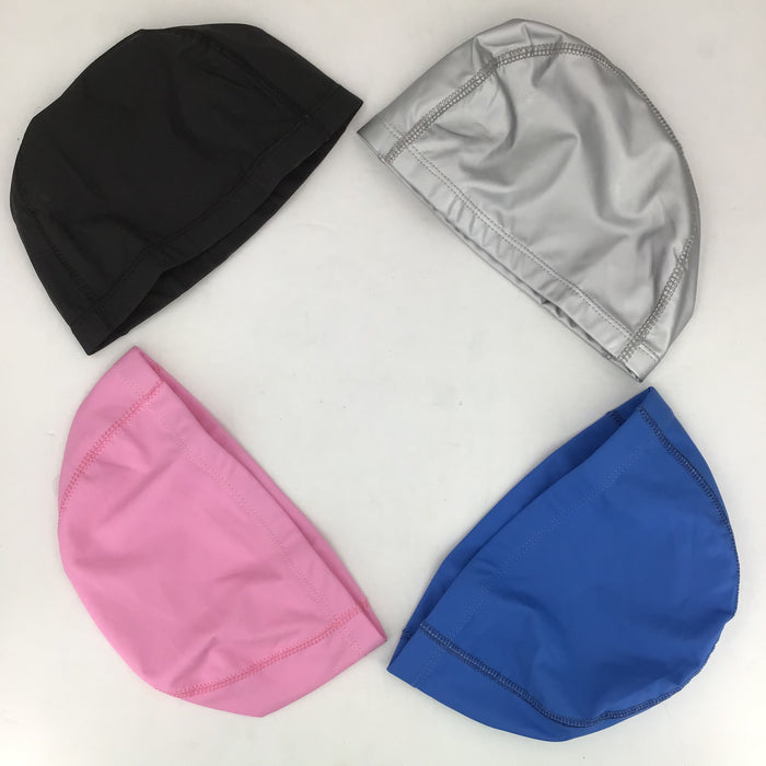 Four swim caps in black, gray, pink, and blue on a white background