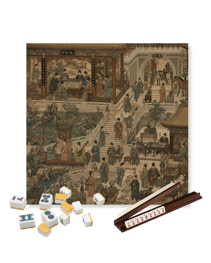 Square gaming table mat with detailed antique-style street scene design