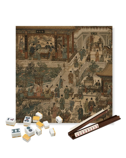 Square gaming table mat with detailed antique-style street scene design