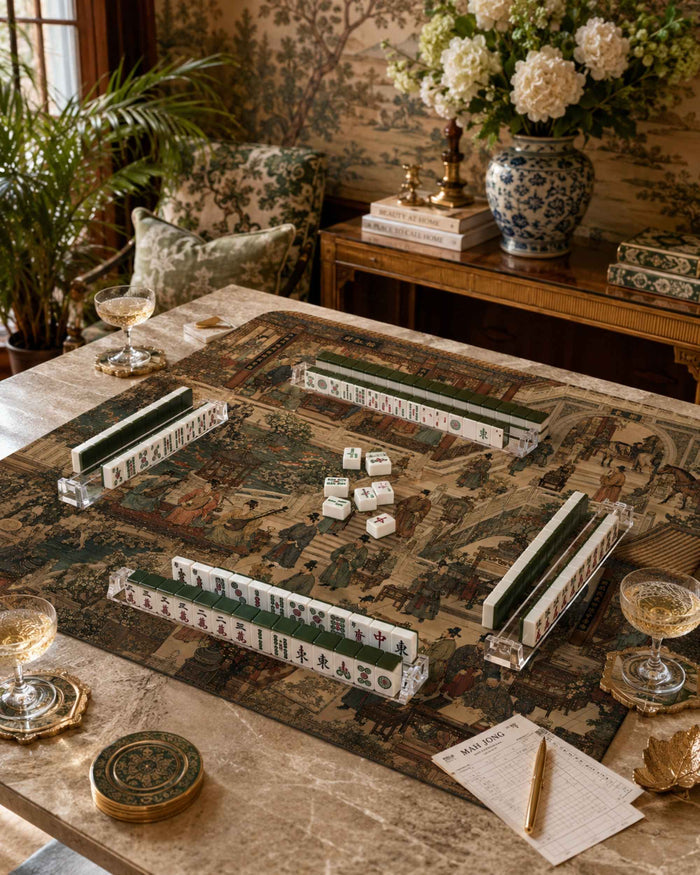 Square mahjong table mat with ornate Along the Silk Road-style artwork and green borders