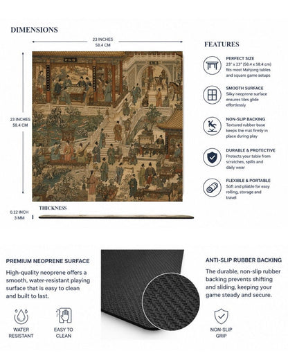 Square table mat showing antique print and textured non-slip rubber backing