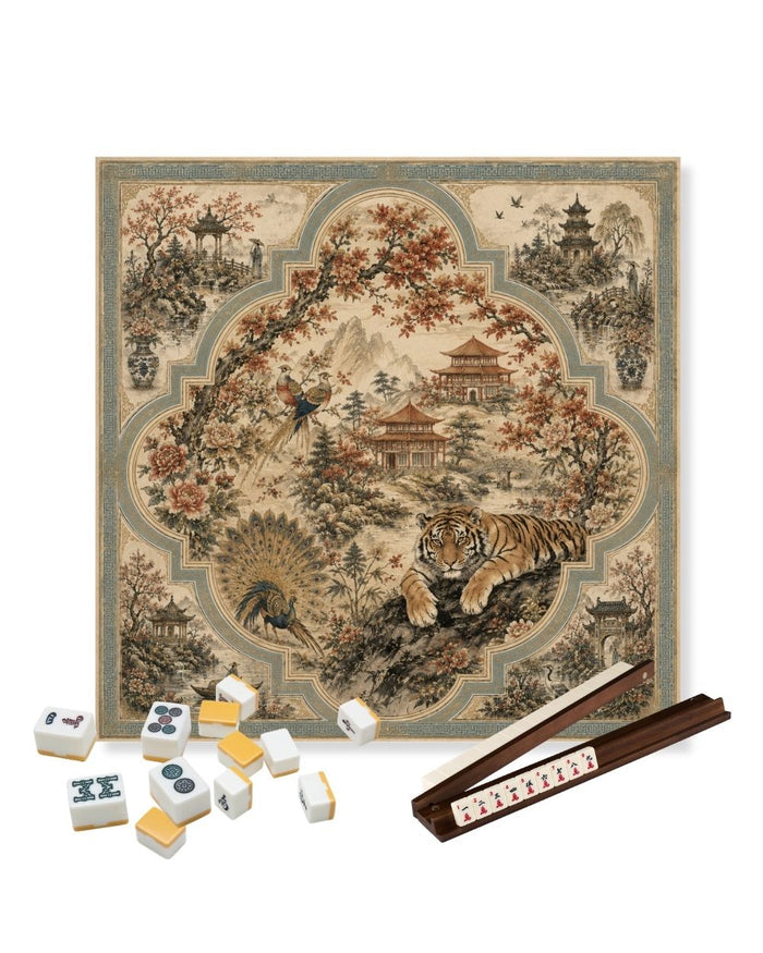 Square mahjong table mat with decorative woodland scene and tiger motif