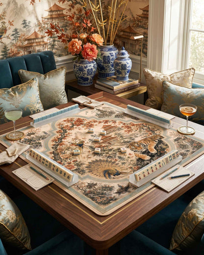 Square decorative game mat with ornate birds and flowers in beige and teal tones