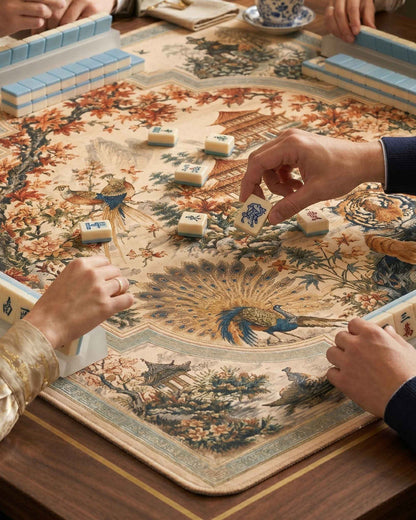 Square decorative mahjong mat with detailed birds, flowers, and blue border