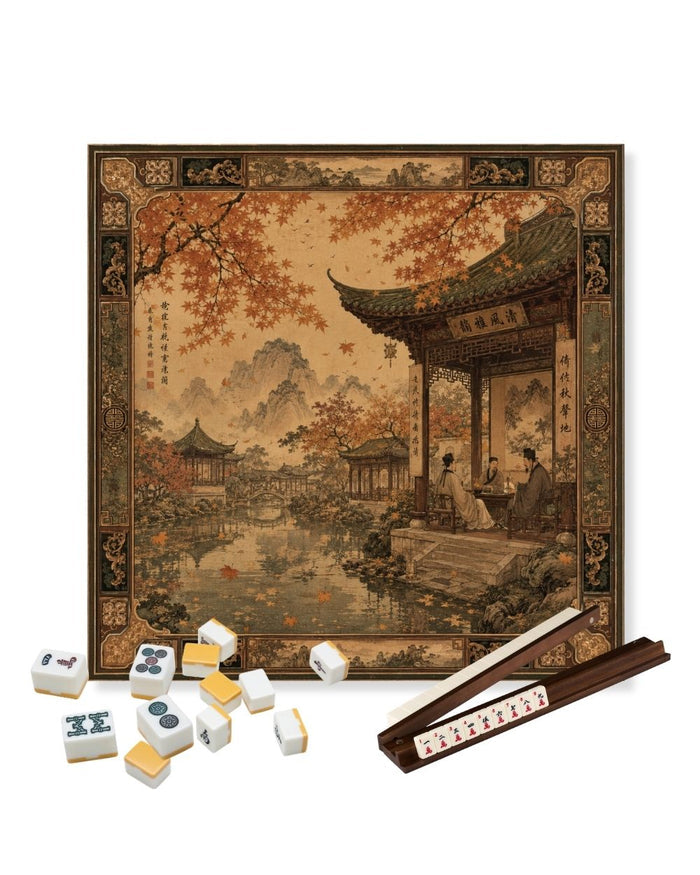 Mahjong table mat with autumn palace artwork and ornate border, with gaming tiles in front