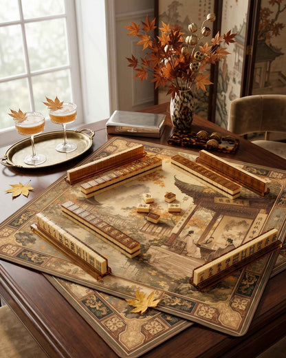Square decorative mahjong table mat with ornate border and autumn leaf pattern