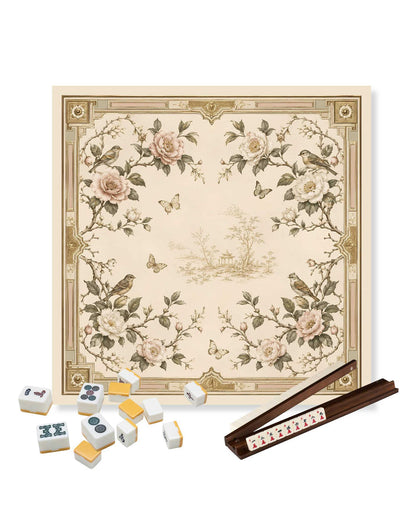 Cream square mahjong table mat with vintage floral pattern and ornate corner accents