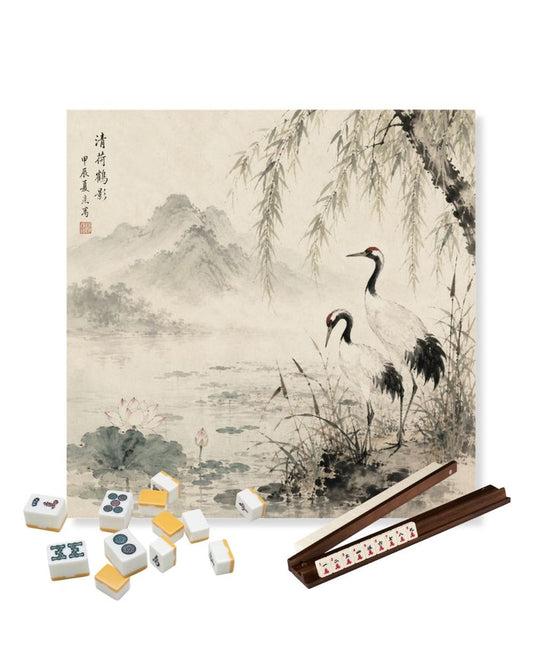 Square gaming table mat with crane and bamboo landscape print, decorative anti-slip surface