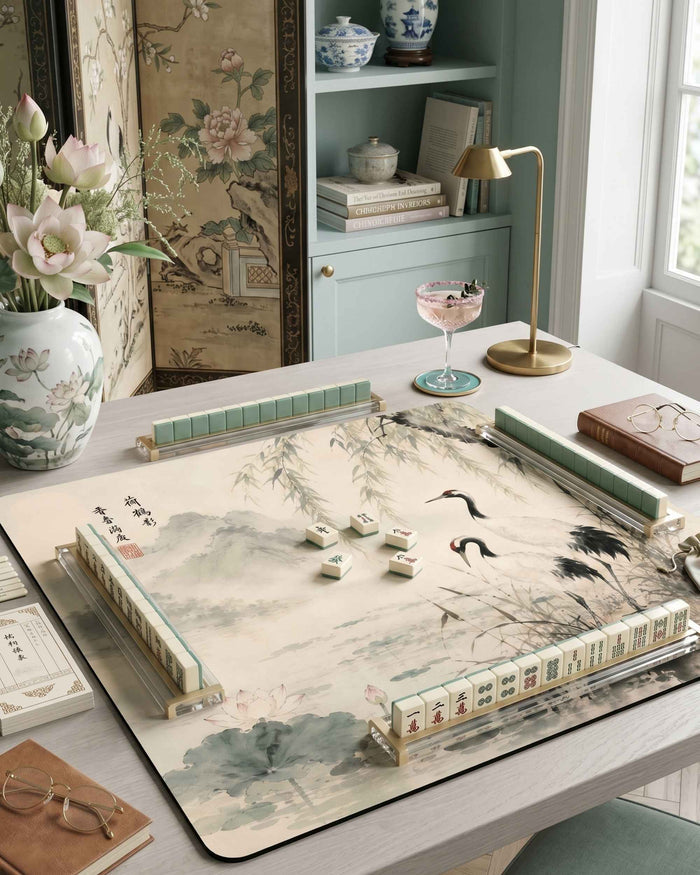 Square mahjong table mat with crane and bamboo illustration on light cream, anti-slip