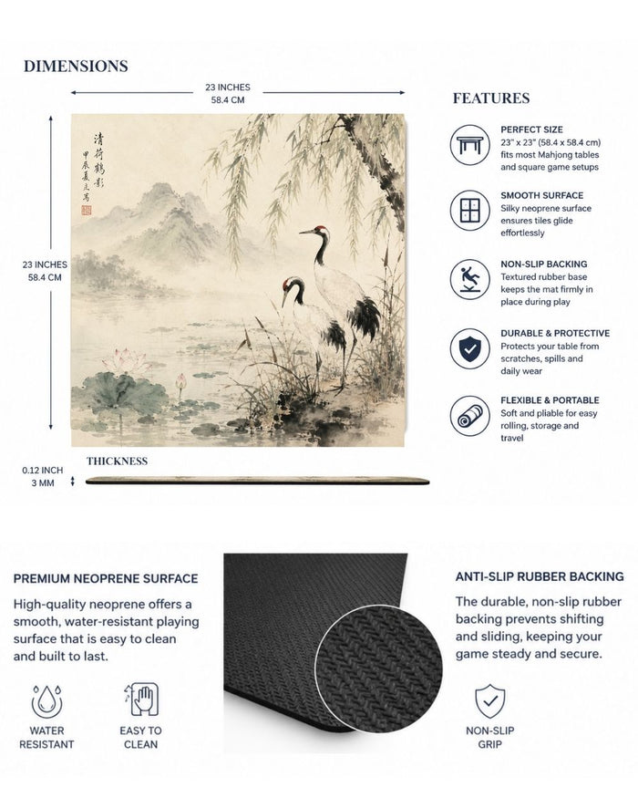 Square neoprene table mat with crane and bamboo art; shows textured anti-slip rubber backing