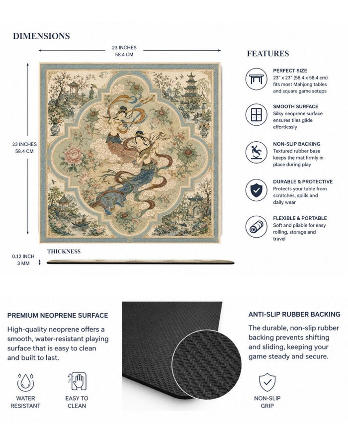 Square table mat with ornate peacock-and-floral artwork and textured non-slip backing