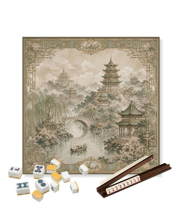 Square table mat with vintage landscape pagoda, bridge, and mountains; decorative gaming surface