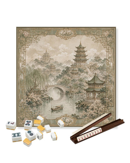 Square table mat with vintage landscape pagoda, bridge, and mountains; decorative gaming surface