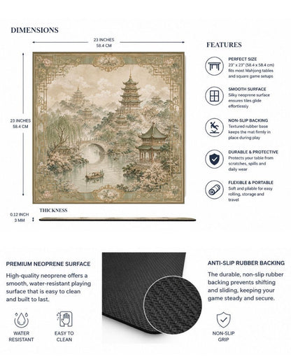Square table mat with scenic landscape; non-slip rubber backing and thickness shown