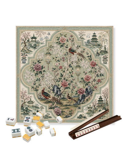 Square table mat with vintage floral and bird artwork, decorative border