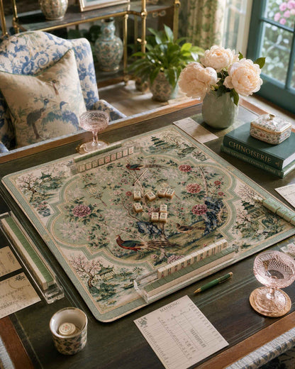Ornate floral mahjong table mat with green border and central circle design