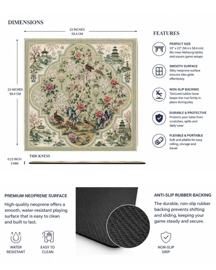 Square gaming table mat with floral bird design and anti-slip rubber backing