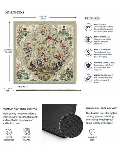 Square gaming table mat with floral bird design and anti-slip rubber backing