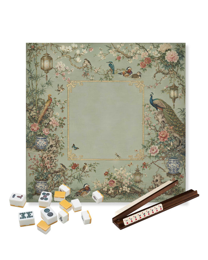 Square mahjong table mat, sage green center with floral and bird border design