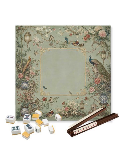 Square mahjong table mat, sage green center with floral and bird border design